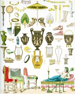 The illustration here shows ancient Greek artifacts. They are from left to right, top to bottom: