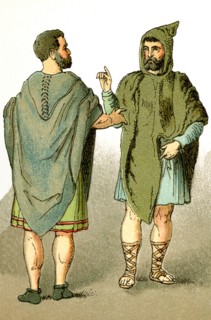 The figures represent two ancient Romans in travel outfits. Th ei llustration dates to 1882.