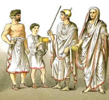 The figures represent ancient Roman men and boys, from left to right: two assistants at sacrifices,