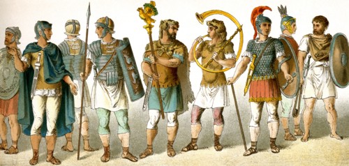 The figures represent ancient Roman military personnel, from left to right: four soldiers, standard