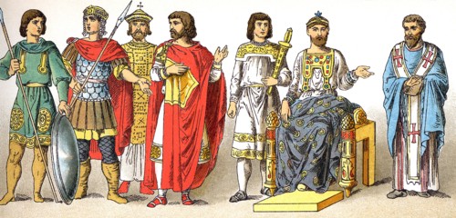 The Byzantine figures represent, from left to right, two warriors (A.D. 800),, the emperor