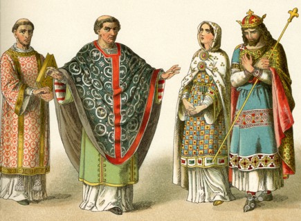 The costumes depicted here represent the garb worn around A.D. 900 by upper classes in France. From