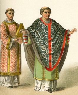 The costumes depicted here represent the garb worn around A.D. 900 by a deacon (left) and a bishop