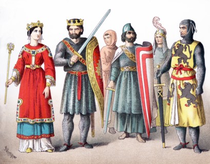 The figures represented here are French around A.D. 1100. They are, from left to right: queen,
