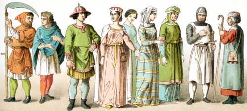 The figures represent French people around A.D. 1100. They are, from left to right: two peasants,