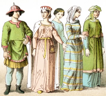 The figures represent French people around A.D. 1100. They are, from left to right: a man of rank