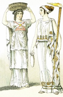 The ancient Greeks represented here are, from left to right: a female basket-bearer at a