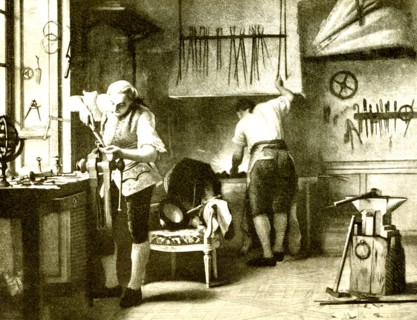 This image shows Louis XVI at the forge at Versailles. Louis XVI was an amateur blacksmith.