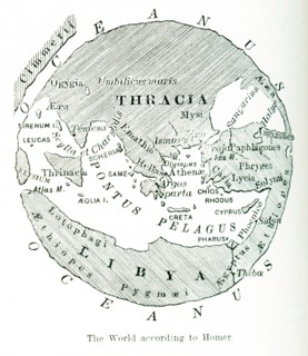 This image shows a map of the world ""according to the Greek poet Homer."" In his Iliad, the world