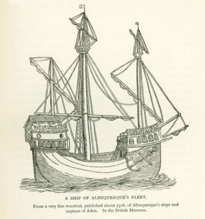 This illustration shows a Ship of Albuquerque's Fleet. It is from a very fine woodcut, published
