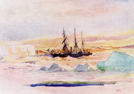 Seen here is Shackleton's Ship, the Nimrod, among the ice in McMurdo Sound, the Winter Land