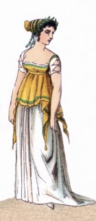 The figure illustrated here represents a French female citizen in 1799). The illustration dates to