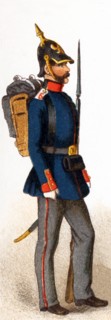 The figure represented here is a Prussian line man in 1846. This illustration dates to 1882.