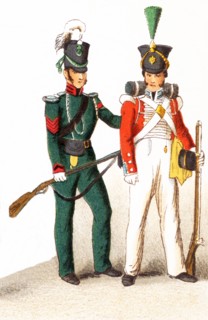 The figures represented here are English military in 1830. From left ot right, they are a Rifleman