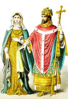 The figures represent an English lady of rank and an English bishop around A.D. 1200. The