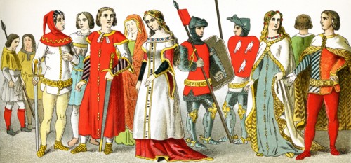 The figures here represent Spaniards around A.D. 1300. They are, from left, to right: two hunters,