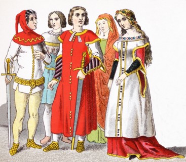 The figures here represent Spaniards around A.D. 1300. They are, from left to right: three noblemen