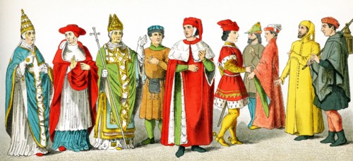The figures in this image are Italians from the A.D. 1300s. They represent, from left to right: a