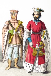 The figures represent a French Sergeant at Arms, and the Duke of Burgundy around A.D. 1300. The