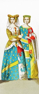 The figures represent French women around 1100. They are, from left to right: a lady of rank and a