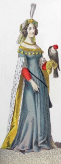 The figure represented here is German lady of rank between A.D. 1450 and 1500. She is holding a