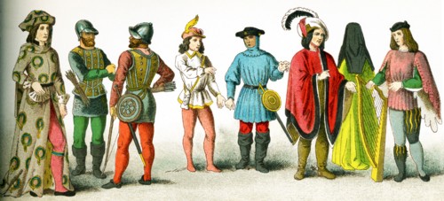 The image shows British costume between 1450 and 1500. The figures represent, from left to right: a