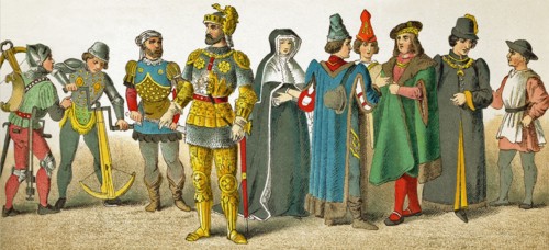 The figures represented here date to the A.D. 1400s. They represent, from left to right: two