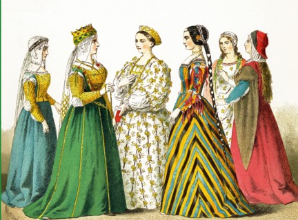 The figures represented in this illustration date to the 1400s. They are, from left to right: noble