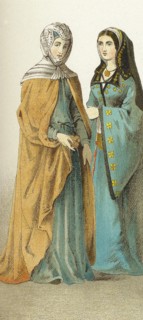 The figures here represent two Spanish ladies in the 1400s. The illustration dates to 1882.