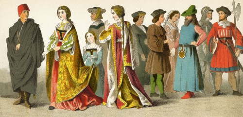The figures pictured here represent Spanish in the 1400s. They are, from left to right: King Henry