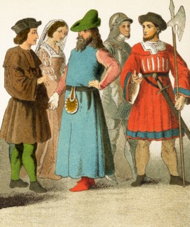 The figures pictured here represent Spanish in the 1400s. They are, from left to right: man of