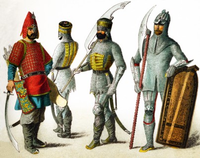 The figures here represent Slavonic warriors in A.D. 1400. They are, from left to right: three