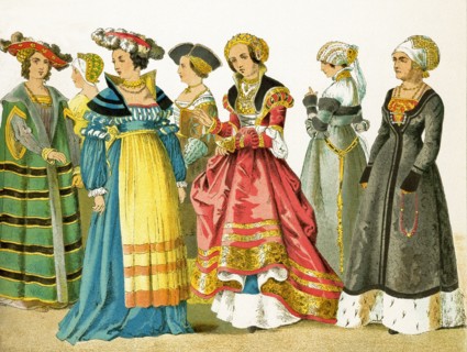The women represented here are Germans who date to 1500-1550. The illustration dates to 1882. .