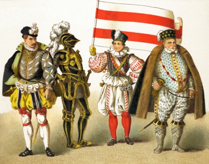The figures in this illustration represent Germans from 1550 to 1600. They are, from left to right: