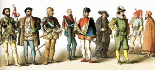 The figures represent Spanish men from A.D. 1500-1600. They are from , left to right: Ferdinand