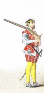 The figure pictured here represents an English soldier between 1500 and 1550. The illustration