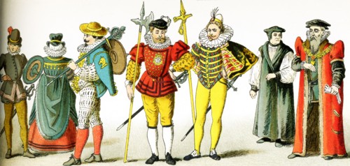 The figures in this image represent English men and a woman from the period A.D. 1550 to 1600. They