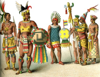 This illustration shows Mexicans around A.D. 1500. From left to right are: a high-ranking man, a