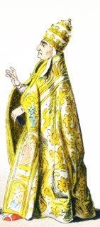 The figure pictured here represents Pope Alexander VI in 1500 A.D. He is dressed in the vestments