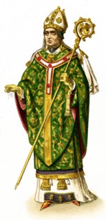 Shown in this image is a Christian bishop in full pontificals. The illustration dates to 1882. .