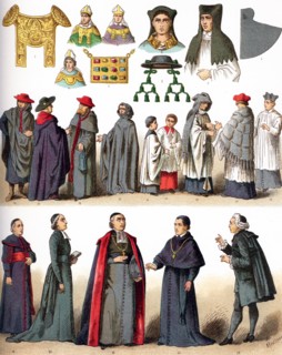 The illustrations shown here depict ecclesiastical costumes. They are, by row, from left to right,