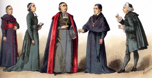 The illustrations shown here depict ecclesiastical costumes. They are, from left to right: a bishop