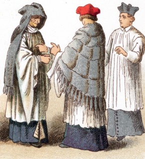 The illustrations shown here depict the ecclesiastical costumes of a Canon wearing a cope and amess