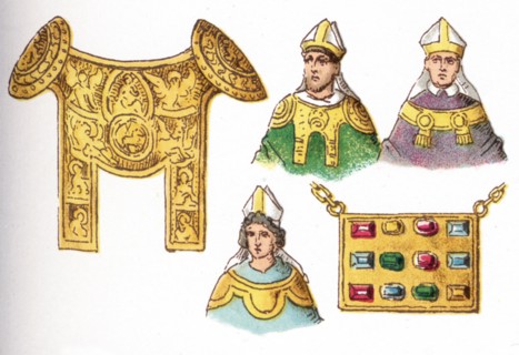 The illustrations shown here depict ecclesiastical costumes. They are, by row, from left to right,