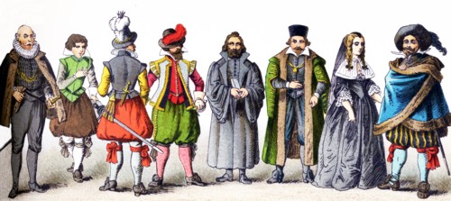 The figures represented here are all Germans in the 1600s. From left to right, they are: four man