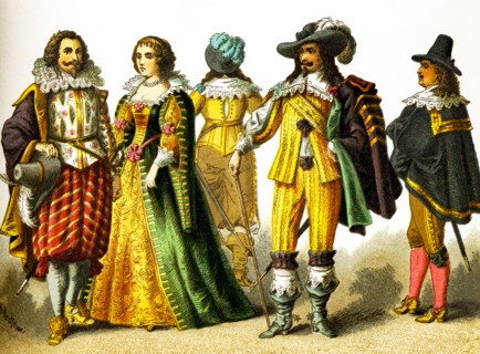 The figures here represent French people in the 1600s. They are, from left to right: a cavalier, a
