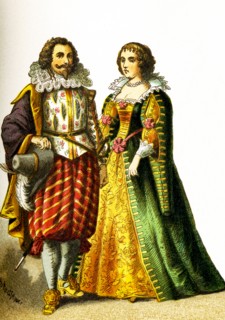 The figures here represent French people in the 1600s. They are, from left to right: a cavalier and