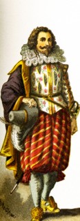 The figure here represents a French cavalier in the 1600s. This illustration dates to 1882.
