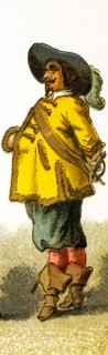 The figure here represents a French cavalier in the 1600s. This illustration dates to 1882.