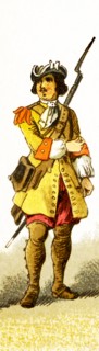 The figure represented here is a French grenadier around 1600. The illustration dates to 1882.